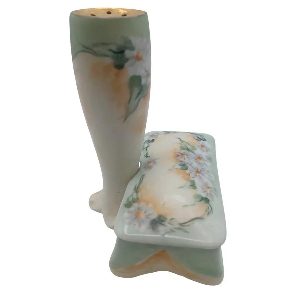 Rare Bavarian Porcelain Hat Pin Holder With Attached Trinket Dish Green & Yellow